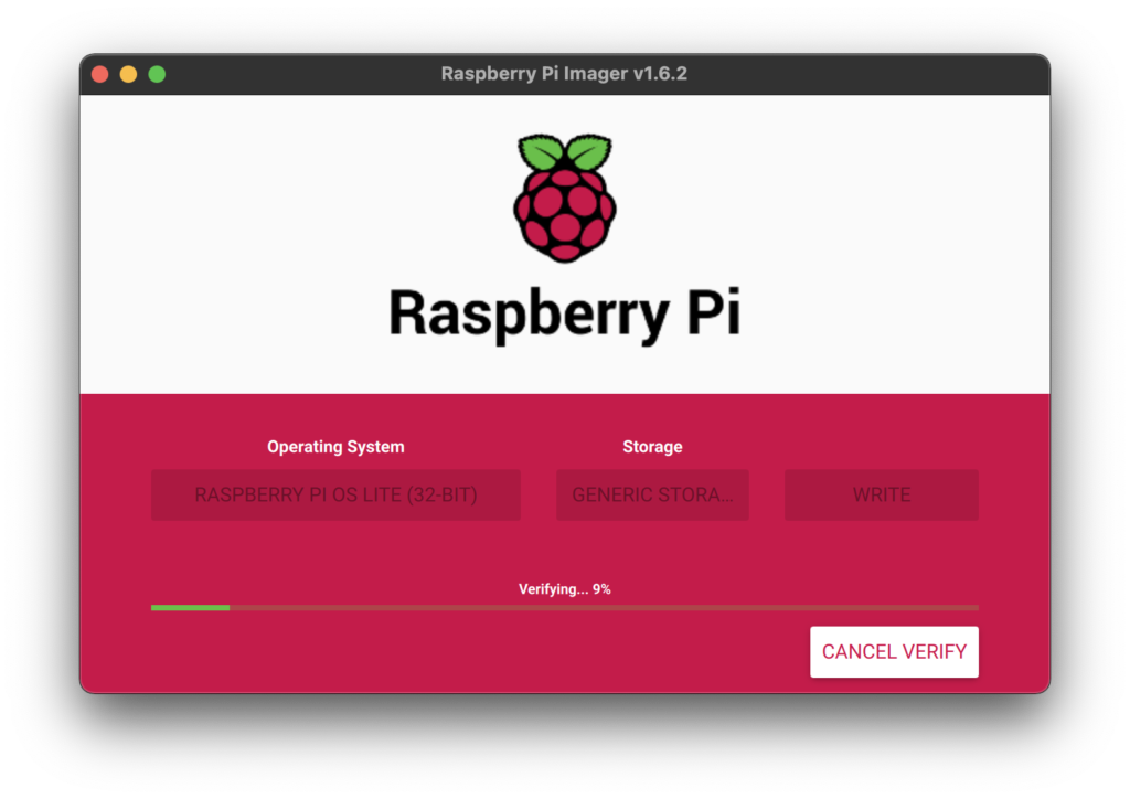 Raspberry Pi Imager Screenshot - Write - Verifying
